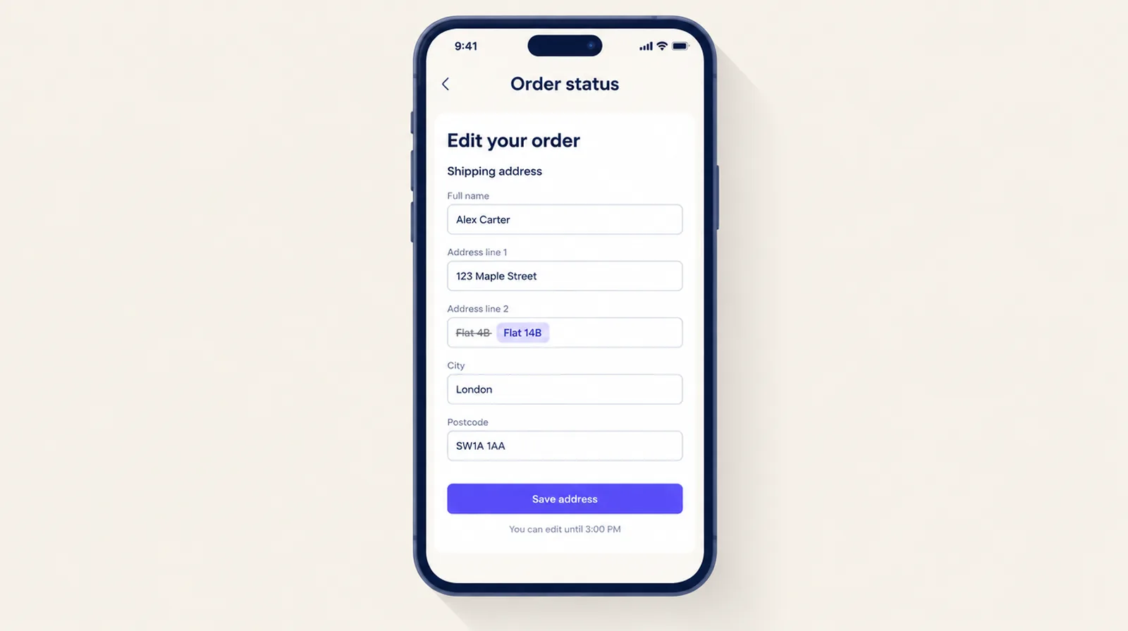 Order status page on a phone where the customer corrects Flat 4B to Flat 14B and saves the address