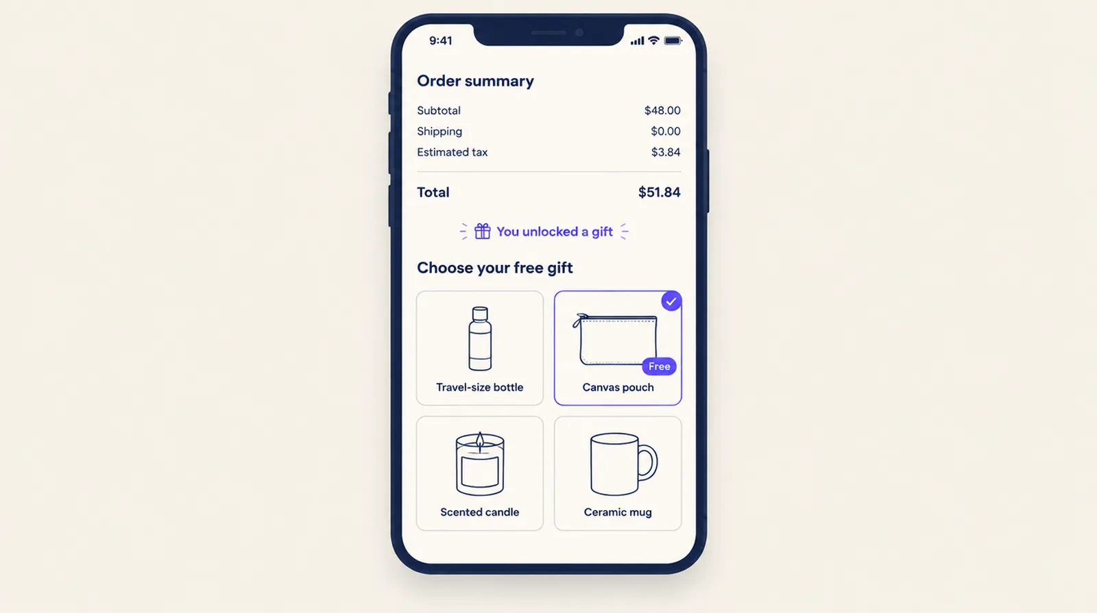 Phone checkout where the buyer unlocked a gift and picks a canvas pouch from four free gifts