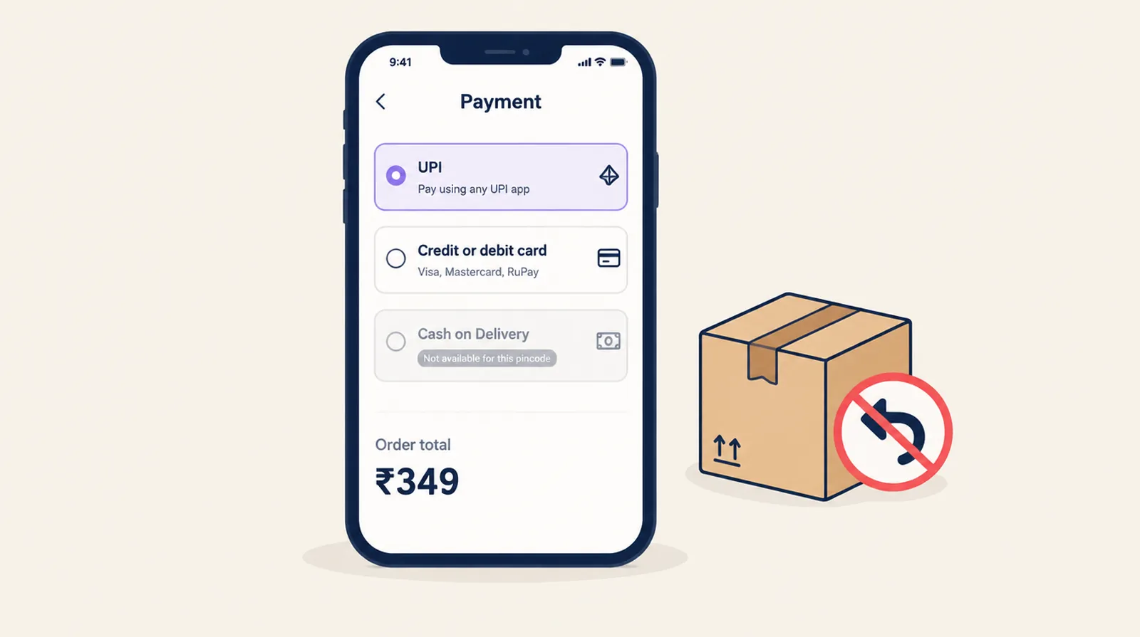 Phone checkout with UPI selected and Cash on Delivery unavailable for the pincode, next to a parcel
