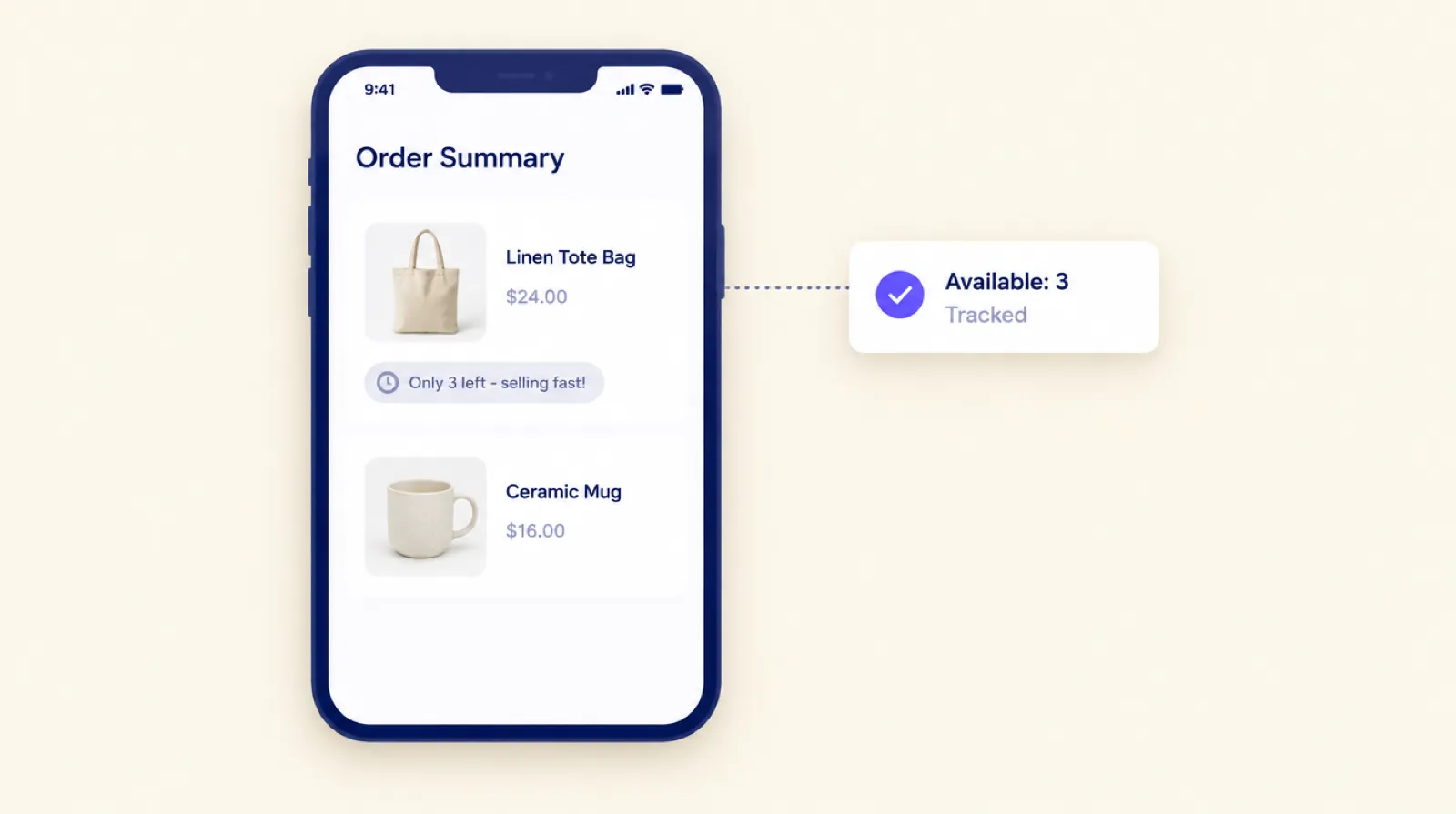 A phone showing a checkout order summary with an Only 3 left badge under a tote bag, linked to an inventory card showing Available 3, Tracked