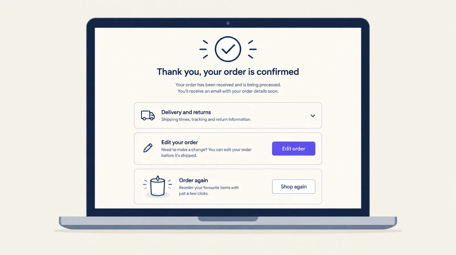 Thank you page on a laptop with delivery and returns, edit your order and order again blocks