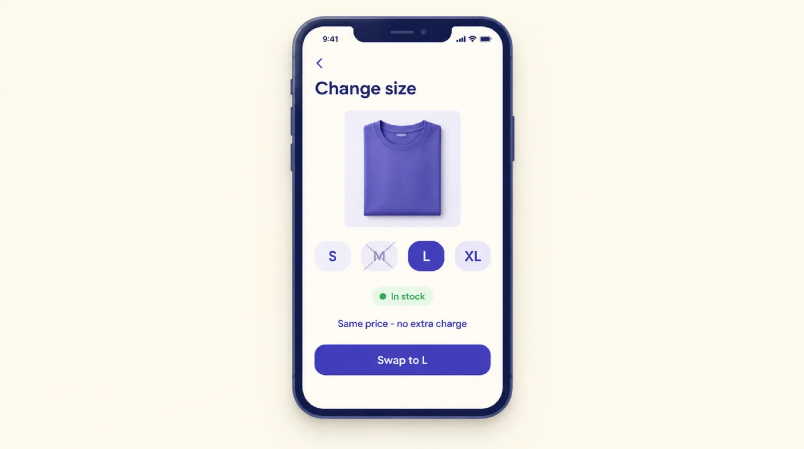 A phone showing a Change size screen with M crossed out, L selected and in stock, and a Swap to L button