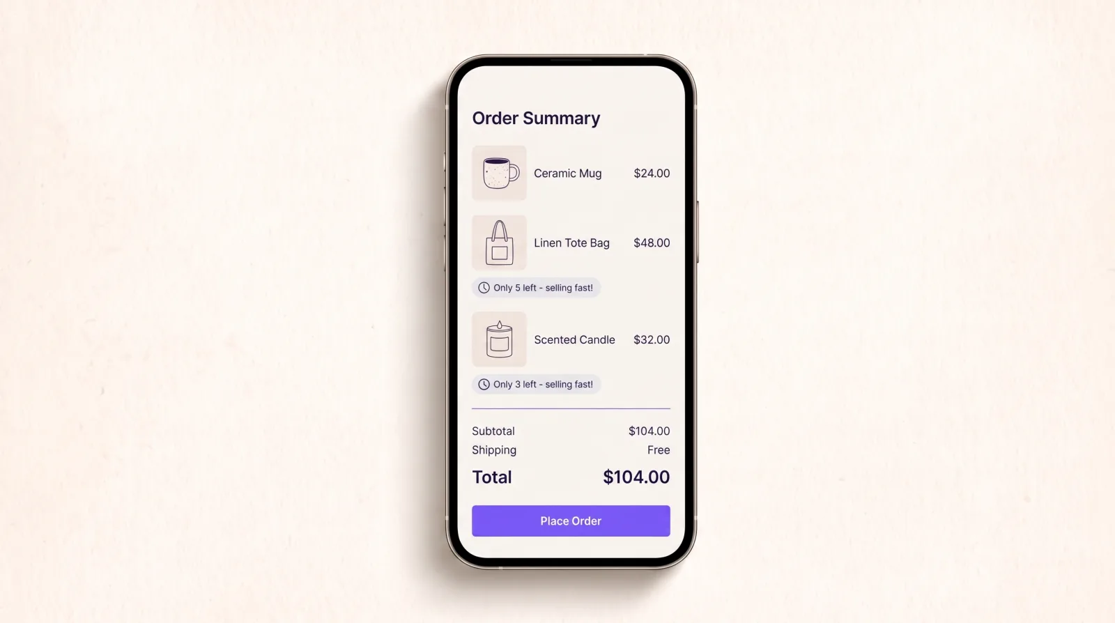 A phone showing a Shopify checkout order summary with Only 5 left and Only 3 left badges under two items