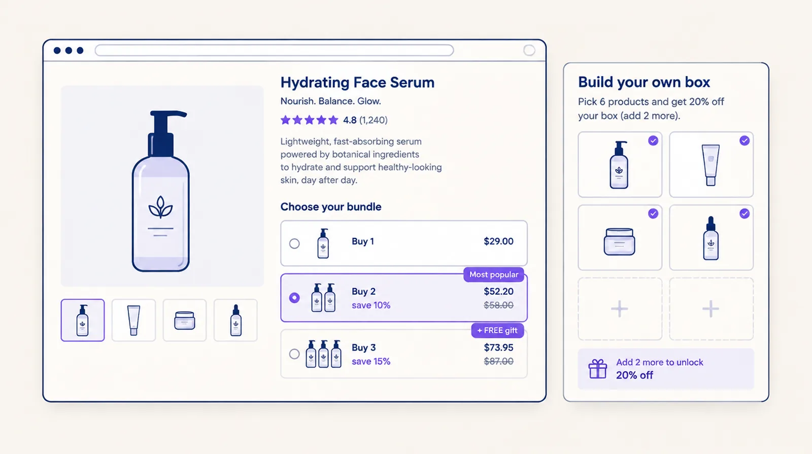 Product page widget with quantity break tiers and a build-your-own box picker