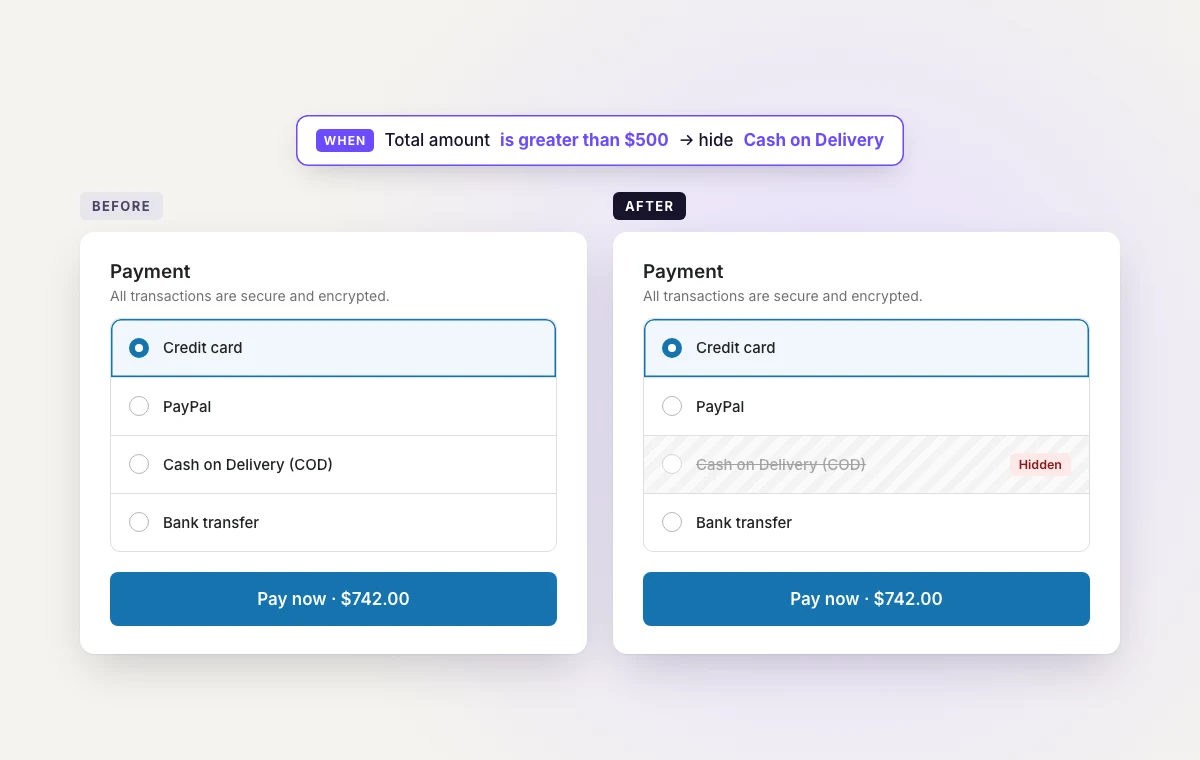 Hide Cash on Delivery on orders over $500